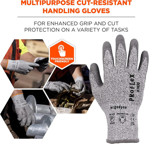 Ergodyne ProFlex 7030 Cut Resistant Work Gloves, ANSI A3, PU Coated Palms for Flexible No Slip Grip, Abrasion Resistant, 13g,Gray, 2X-Large...