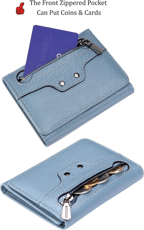 AINIMOER Small Leather Wallet for Women, Slim Compact Credit Card Holder RFID Blocking Wallets Organizer with Coin Pocket, Lichee Gray Blue...