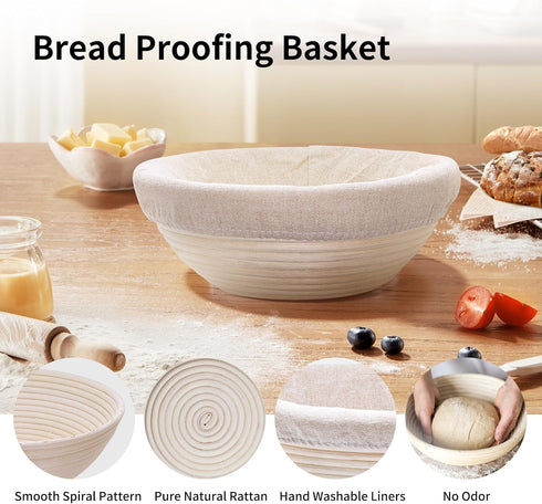 Banneton Bread Proofing Basket, 9 Inch Round Sourdough Proofing Basket with Linen Liner, Round Dough Bread Making Bowls...