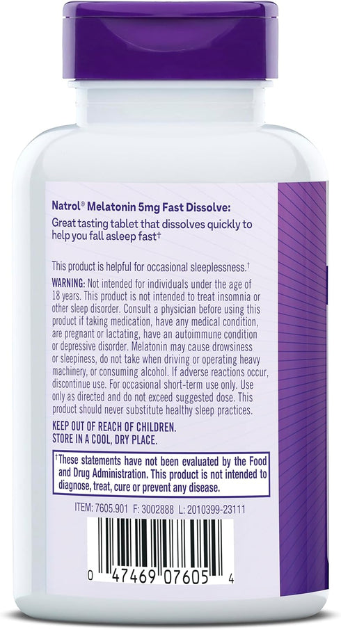 Natrol Sleep Melatonin 5mg Fast Dissolve Tablets, Nighttime Sleep Aid for Adults, 200 Strawberry-Flavored Melatonin Tablets, 200 Day Supply...