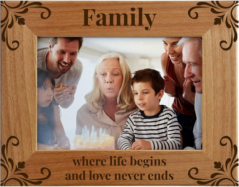 Family Where Life Begins And Love Never Ends - Family Picture Frame, Fits a 5x7 Horizontal Portrait, Engraved Natural Wood Photo Frame for Dad, Mo...