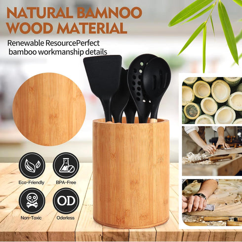 Bamboo Utensil Holder, Large Utensil Holders for Kitchen Counter, Bamboo Spoon and Chopstick Holder for Kitchen Decor, Flatware and Spatula Storag...