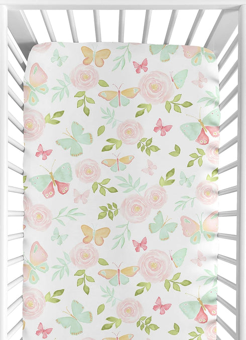 Sweet Jojo Designs Blush Pink, Mint and White Watercolor Rose Baby or Toddler Fitted Crib Sheet for Butterfly Floral Collection...