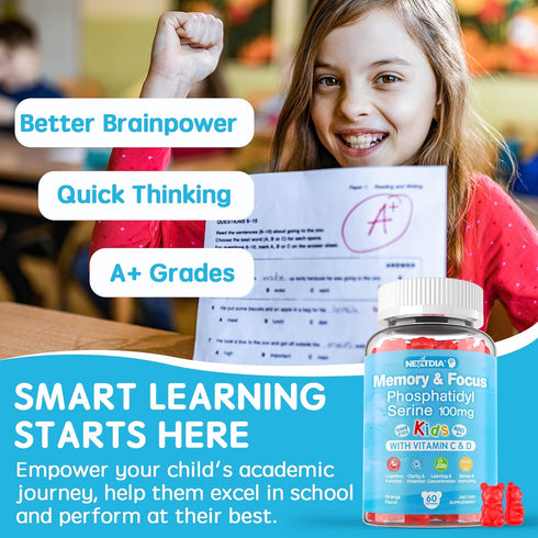 Sugar Free Phosphatidylserine Supplement 100mg, Kids Brain Gummies w/ Vitamin D3 400IU, Vitamin C for Focus & Memory, Concentration, Attention, Bo...