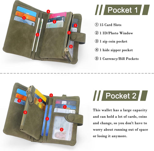 RFID Blocking Wallets for Women, Large Capacity Soft Leather Womens Small Wallet with Wrist Strap (Olive Green)...