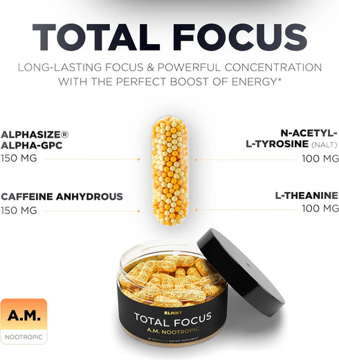 AMPM Nootropic Total Focus + Calm 9X Strength w. Caffeine, L-Theanine, Alpha GPC, L-Tyrosine, Ashwagandha - X-Release Energy Pills Nootropics Brai...