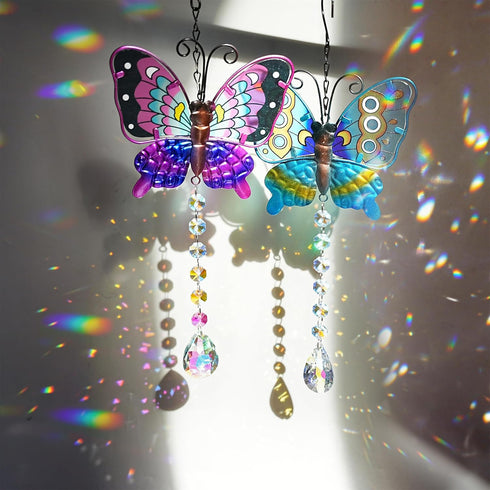Set 2 Metal Butterfly Suncatchers for Windows - 14" Outdoor Fence Wall Art Decor, Rainbow Prisms Sun Catchers with Crystals Hanging for Home Garde...