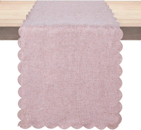 Table Runner 13 x 72 Inches Long, Cotton Linen Farmhouse Scallop Style Pink Table Linen for Kitchen Dining Coffee Table Parties Wedding Home Decor...