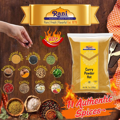 Rani Curry Powder Hot (11-Spice Authentic Indian Blend) 7oz (200g) ~ All Natural | Salt-Free | Vegan | No Colors | Gluten Friendly | NON-GMO | Kos...