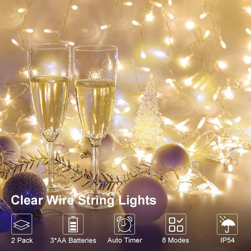 2 Pack 23ft 70 LED String Lights Battery Operated, Fairy String Lights with Timer 8 Modes Twinkle Lights Clear Wire for Wedding Party Bedroom Tree...