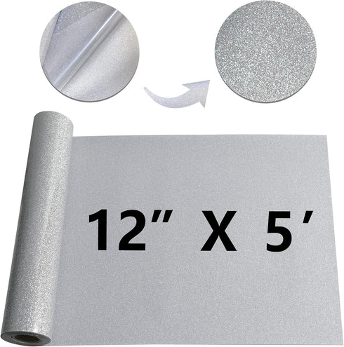 RENLITONG Silver Glitter HTV Heat Transfer Vinyl Rolls - 12 Inch x 5 feet Iron on Vinyl for T-Shirt and Silhouette, Easy to Cut & Weed for Heat Tr...
