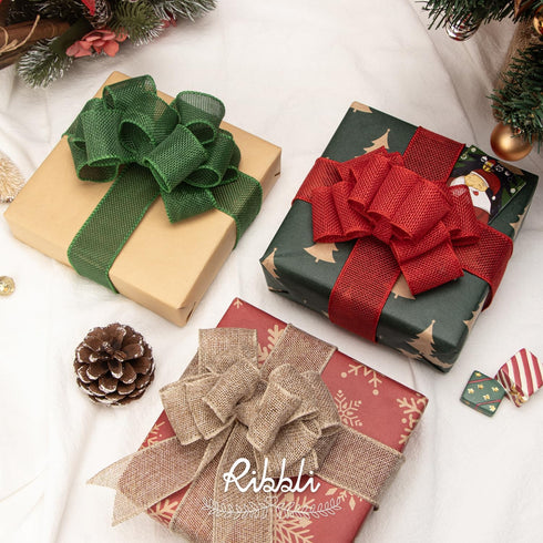 Ribbli Red Burlap Wired Ribbon,1-1/2 Inch x 10 Yard,Wired Edge Ribbon for Big Bow,Wreath,Tree Decoration,Outdoor Decoration...