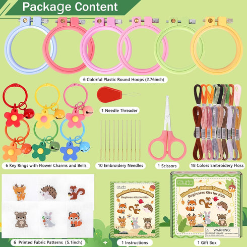 Caydo 6 Pieces Cross Stitch Kit for Kids Embroidery Kits with Woodland Animal Patterns Needlepoint Kit Kids with Instructions for DIY Key Chain, B...
