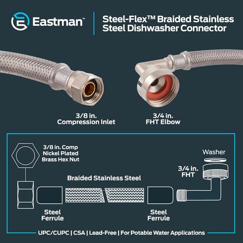 Eastman 6 foot Dishwasher Supply Line, 3/8 Inch Compression x 3/4 Inch FHT Elbow, Braided Stainless Steel Dishwasher Connectors, 41043...