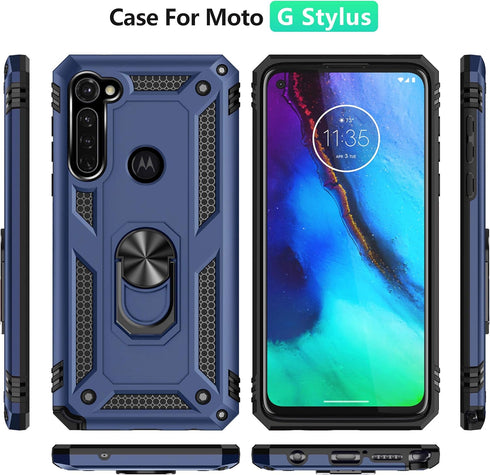 Moto G Stylus/Pro (2020) Case With Tempered Glass Screen Protectors, Androgate Ring Kickstand Car Mount Shockproof Cover for Motorola, Blue...