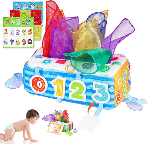 Baby Tissue Box Toy, Soft Montessori Tissue Box Baby Toys 6 to 12 Months, High Contrast Crinkle Paper Sensory Silk Scarves Toys for 1 Year Old Boy...