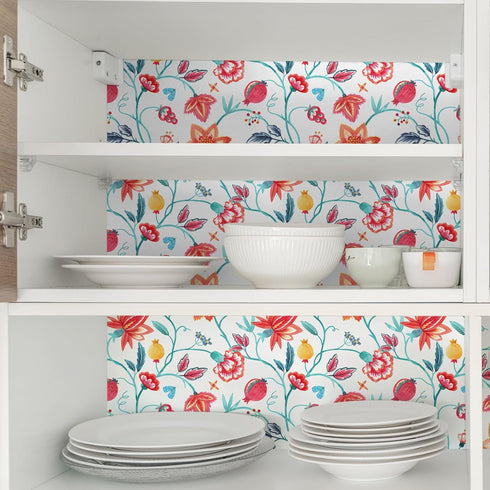 Red Floral Wallpaper Botanical Pomegranate Flower Stick and Peel Wall Paper for Bedroom Laundry Room Removable Self Adhesive Decorative Floral Con...