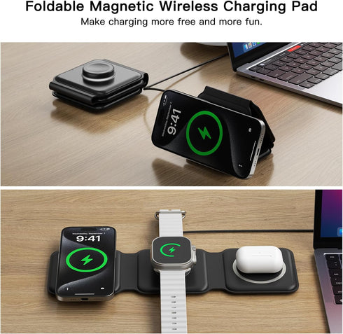 ESSAGER 3 in 1 Foldable Wireless Charger for iPhone 15/14/13/12/11 Series, Magnetic Wireless Charging Station, Travel Wireless Fast Charging Pad f...