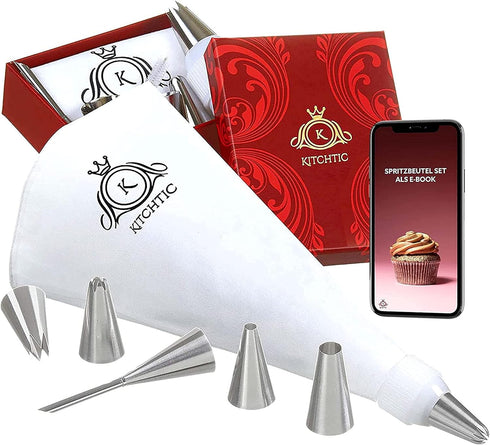 KITCHTIC Piping Bag Set - Large Reusable Cotton, Round Shape, 6 Pieces, Includes Nozzles, Adapter, Cleaning Brush & E-Book with Cake Decoration Ti...