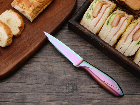 WELLSTAR Utility Knife, 4 Inch Serrated Paring Knife with Super Sharp Rainbow High Carbon Stainless Steel Blade for Fruit Vegetable Cutting Peelin...