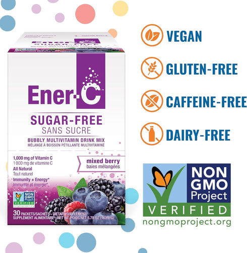 Ener-C Sugar Free Energy Mixed Berry Multivitamin Drink Mix Vitamin C 1000mg & Electrolytes - Natural Immunity Support with Real Fruit Juice Powde...