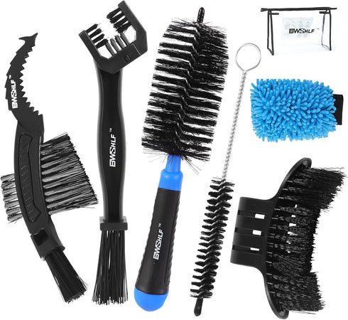 Bike Cleaning Kit (6 Pcs) with 1 Storage Bag, 5 Brushes for Tires, Chain, Sprockets, Cranks, Hubs, and Spokes, 1 Cleaning Mitt for Frame, Saddle, ...