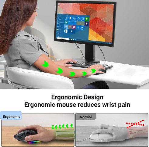 Ergonomic Mouse,Bluetooth Vertical Wireless Mouse,LED Rechargeable Optical Computer Mice, Portable(BT5.2 or USB 2.4GHz) Dual Mode,1000/1600/2400 D...