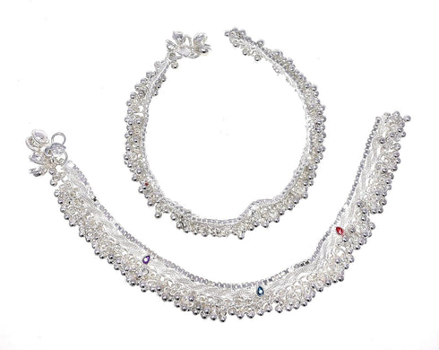 Ethnic Indian Silver Jhanjar Beads Payal Bells Anklet Pair in Multicolor Enamel for Women - Dance Bridal Wedding...