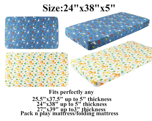 Dinosaur Pack n Play Stretchy Fitted Playard Sheet Set 2 Pack Jersey Knit Ultra Soft Portable Mini Crib Sheets for Baby Boy Girl Elephant Giraffe ...