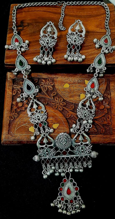 Ethnic Designer Traditional Indian Afghani Antique Silver Oxidized Black Polish Trishul Long Necklace Jewelry...
