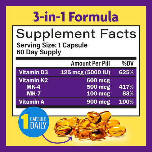 InnovixLabs Vitamin D3 K2-5000 IU Vitamin D3 plus 600 mcg Vitamin K2 MK4 and MK7 for Max Calcium Absorption, Supports Bone, Immune, Heart Health, ...