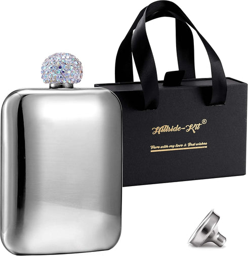 Hillside-Kit Booze Shot Flask- AB Crystal Lid Creative 304 Stainless Steel Wine Alcohol Liquor Flask for Women Girls Men Party Hand size Flask-6OZ...