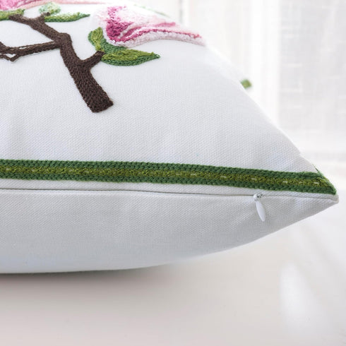 Embroidered Throw Pillow Covers 18x18 Inch Set of 2 Pink Magnolia Flower Spring Pillowcases, Square Pillow Cushion for Living Room Sofa Bed...