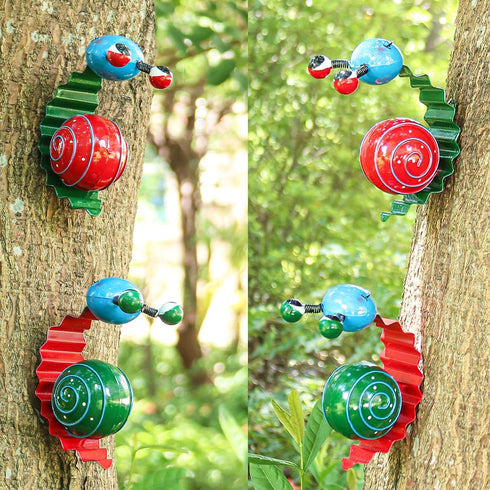 Metal Garden Decor Cute Snail Yard Art Outdoor Lawn Patio Ornament Fence Decorations for Outside - Set of 2(Red,Green)...