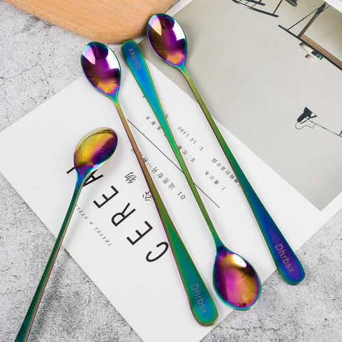 Long-handled ice tea spoon, cocktail stir spoons, stainless steel coffee spoons, Colored ice cream scoop (9 IN iridescence, Round)...