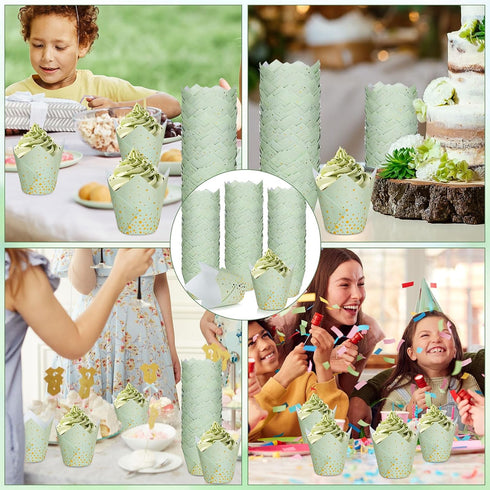 Whaline 200Pcs Sage Green Gold Dots Tulip Cupcake Liners Greaseproof Muffin Baking Liners Foil Gold Dots Cupcake Wrappers Baking Cup for Bridal Ba...