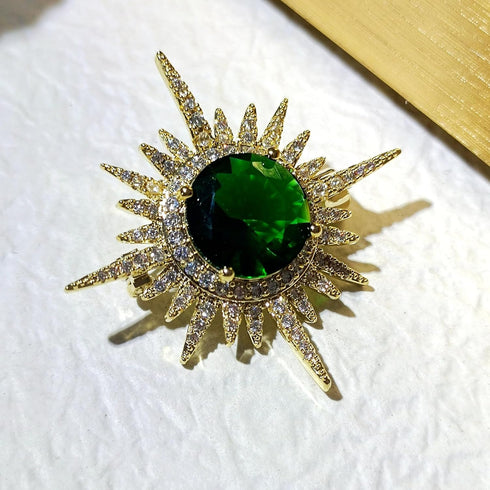 Excellent Gold and Emerald Starburst Pin Brooch Planet Sun Burst Jewelry...
