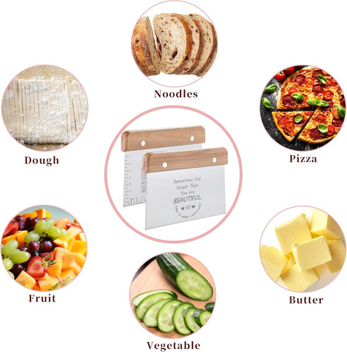 2PCS Bench Dough Scraper, Stainess Steel Kitchen/Pastry/Food/Bread/Cutting Board Scraper Cutter Chopper with Protective Cover, Ergonomic Wood Hand...