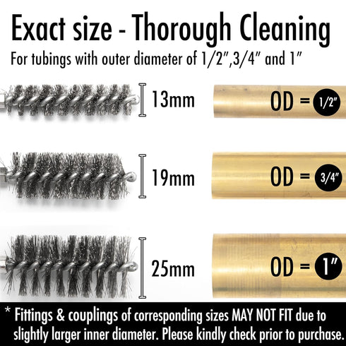 6pcs Extended Copper Tube Pipe Cleaner, 1/2” 3/4” 1” Pipe Cleaning Brush Set, Stainless Steel Wire Bore Brushes for Power Drill, 1/4 Inch Hex Shan...