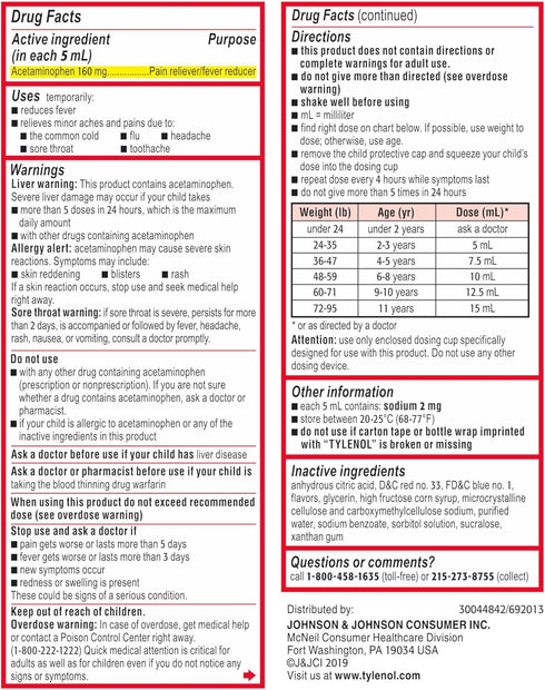 Children's Tylenol Liquid Oral Suspension Medicine, Acetaminophen Pain Reliever & Fever Reducer for Cold + Flu Symptoms & Sore Throat, Aspirin-, I...