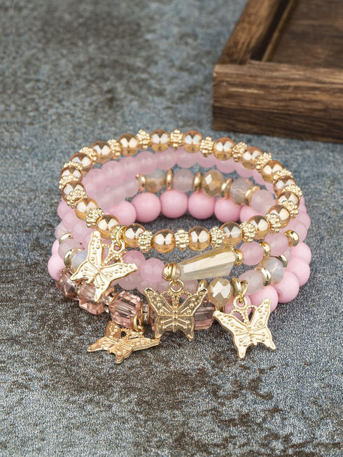 Bohemian Crystal Beaded Butterfly Pendant Bracelets Set Gold Beaded Stackable Stretch Bracelet Handmade Multilayer Colorful Charm Jewelry...