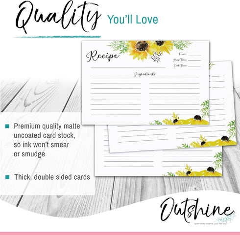 OUTSHINE Recipe Cards 3x5, Sunflower Design | Recipe Card Template for Recipe Box, Set of 50 | No-Smear Double Sided Rustic Recipe Cards Mason Jar...