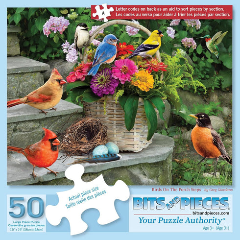 Bits and Pieces - 50 Piece Jigsaw Puzzle for Seniors - 15" x 19" - Birds on The Porch Steps - 50 pc Large Lettered Pieces Colorful Scenic Jigsaw...