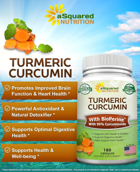 aSquared Nutrition Turmeric Curcumin 1300mg with BioPerine Black Pepper Extract - 180 Capsules - with 95% Curcuminoids, 100% Natural Tumeric Root ...