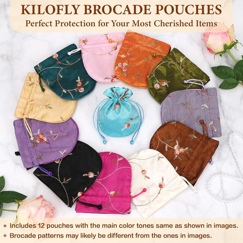kilofly 12 Silk Coin Purse Drawstring Floral Embroidered Jewelry Bag Gift Pouch...