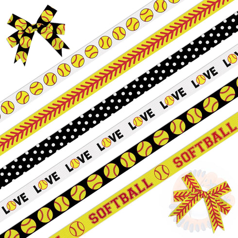 6 Rolls 18 Yards Softball Ribbons, 3/8" Black White Dot Grosgrain Ribbons Sport Yellow Red Ball Ribbons Wrapping Craft Ribbons for Sport Team Deco...