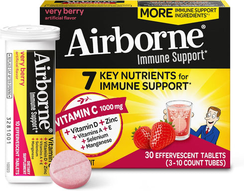 Airborne 1000mg Vitamin C with Vitamin D & Zinc, Sugar Free Multivitamin Immune Support Supplement, Antioxidants Vitamins A C & Vitamin E, 30 Effe...