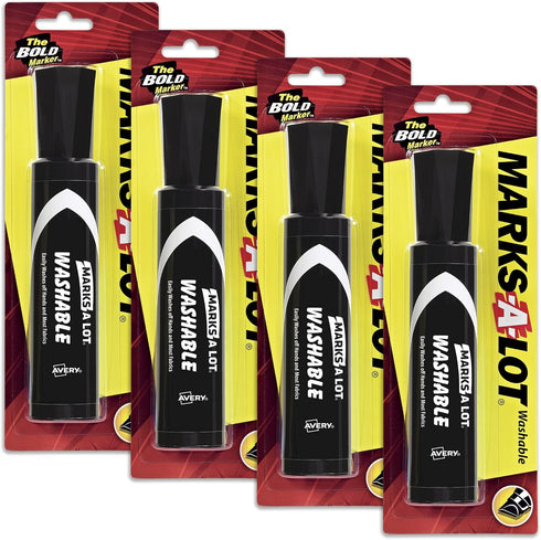 Marks A Lot Jumbo Black Washable Marker, Chisel Tip, 1 per Pack, 4 Packs, 4 Markers Total (24158)...