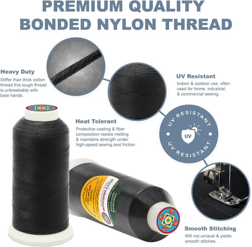 Mandala Crafts Bonded Nylon Thread Black Heavy Duty Sewing Threads - 1500 YDs Size 69 210D T70 Tex 70 Thread for Leather Jeans Weaving Outdoor Mar...