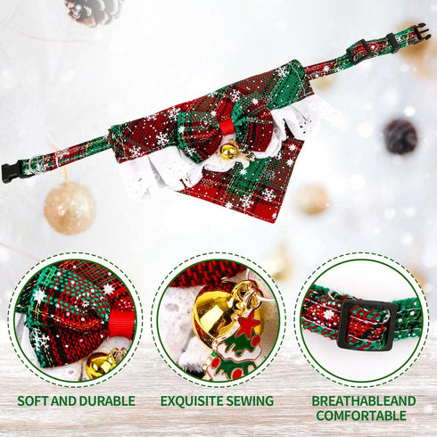 Christmas Pet Bandana with Bell and Pendant for Dogs and Cats, Festive Red and Green Plaid Snowflake Design, Adjustable Sizes for Most Pets, Durab...